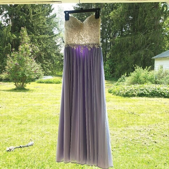 Madison James Purple and White Sequin A-Line Chiffon Gown 8 - Picture 3 of 12